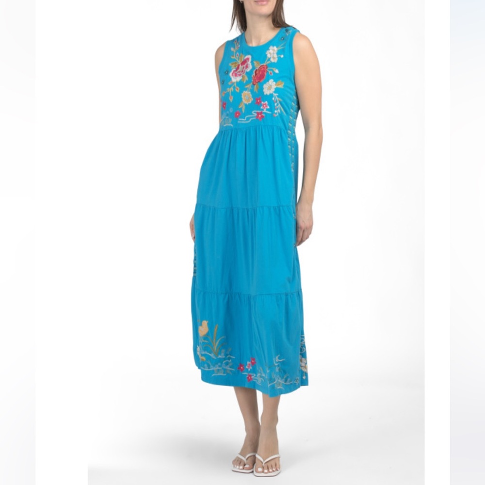 Johnny Was Turquoise Embroidered Sleeveless Maxi Dress